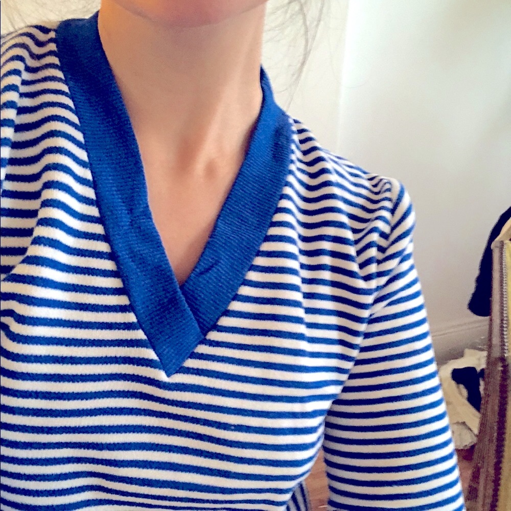 VTG Blue White Stripe V Neck Knit Pullover Sweater Jumper Academia Prep XS S M - Picture 12 of 16